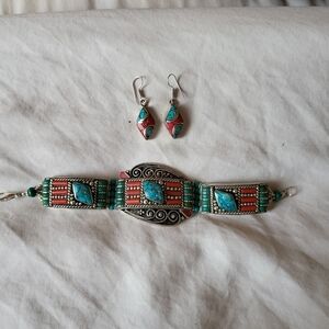Genuine Composite Bracelet and Earring Set Tibetan Silver set